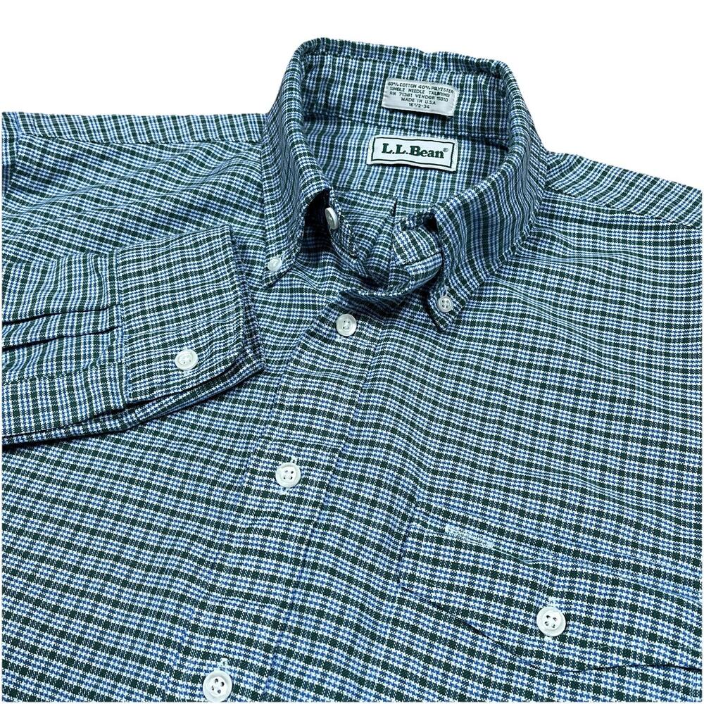 Vintage LL Bean Button Up Shirt Plaid / Houndstooth Green Blue 16 1/2 34 USA 80s
